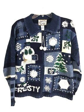 Heirloom Collectibles Medium Vintage Blue White Frosty Snowman Collared Sweater